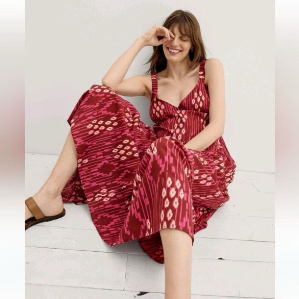 Hatch Maternity Women's The Katherine Maxi Dress 100% Cotton Red And Pink Ikat 0